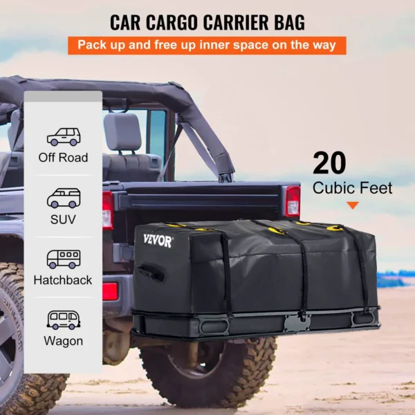 VEVOR 20 Cubic Waterproof Cargo Carrier Bag - Large Car Luggage Storage Hitch Mount for SUV, Truck, and RV