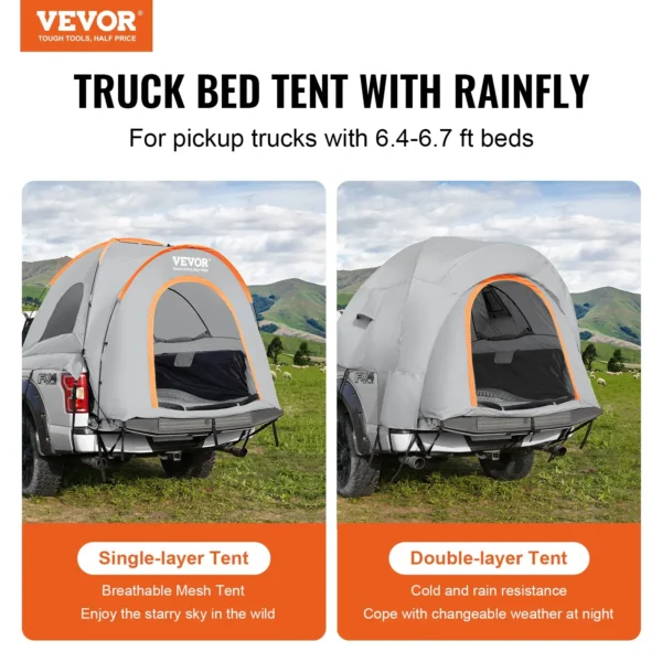 VEVOR Truck Bed Tent 6.4'-6.7' Pickup Tent: Waterproof Double Layer, Rain Layer, Fits 2-3 People