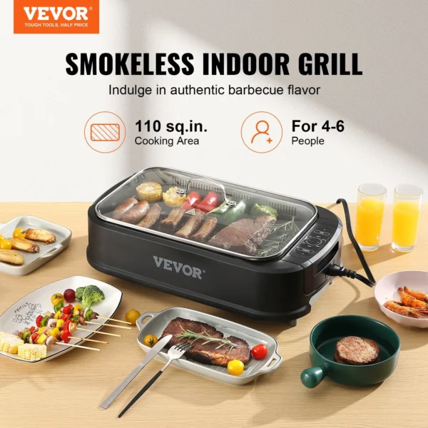 VEVOR Smokeless Indoor Grill - 1500W Electric BBQ Grill with Non-Stick Surface & Turbo Smoke Extractor, 110 sq.in, Adjustable Temperature, Dishwasher-Safe