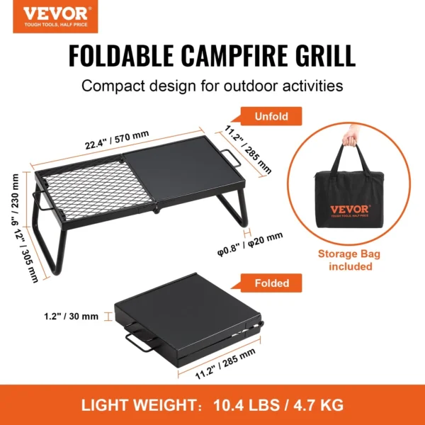 VEVOR Folding Campfire Grill: Portable 22.4'' Heavy Duty Steel Mesh Grate for Outdoor Cooking - Includes Legs & Carrying Bag