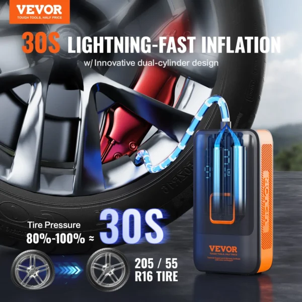 VEVOR Portable Tire Inflator: 30s Dual-Cylinder Air Compressor with LCD & Auto Shut-Off, 12000mAh