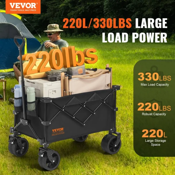 VEVOR Collapsible Folding Wagon: Heavy Duty All-Terrain Cart with 220L Capacity & Drink Holders