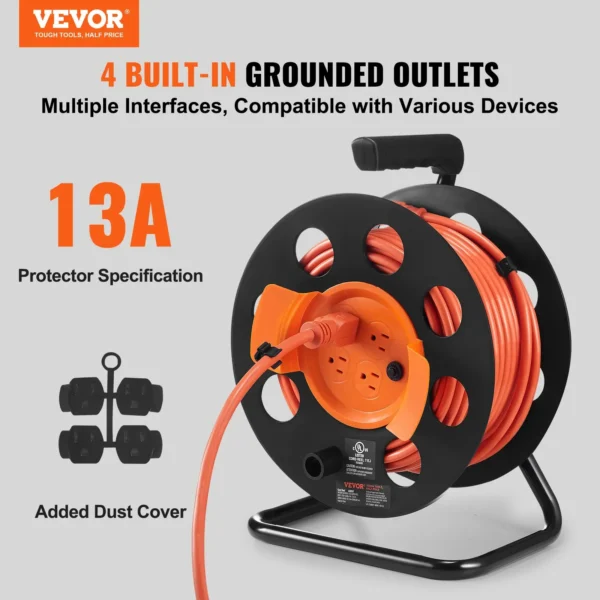 VEVOR Extension Cord Reel, 100FT, with 4 Outlets and Dust Cover, Heavy Duty 14AWG SJTOW Power Cord, Manual Cord Reel with Portable Handle Circuit Breaker, for Toolshed Garage, Tested to UL Standards