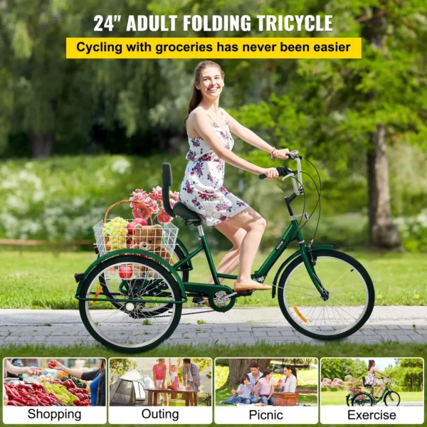 VEVOR Tricycle Adult 24 Wheels Adult Tricycle 7-Speed 3 Wheel Bikes For Adults Three Wheel Bike For Adults Adult Trike Adult Folding Tricycle Foldable Adult Tricycle 3 Wheel Bike Trike For Adults