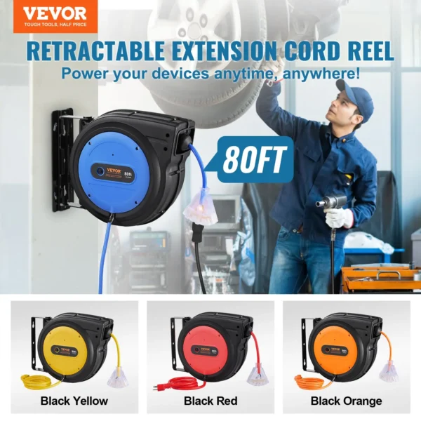 VEVOR 80FT Retractable Extension Cord Reel – Heavy-Duty 12AWG/3C SJTOW Power Cord Reel for Garage, Workshop & Outdoor Use
